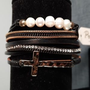 Black Leather Gold Cross Religious Freshwater Pearl Magnetic Closure Bracelet